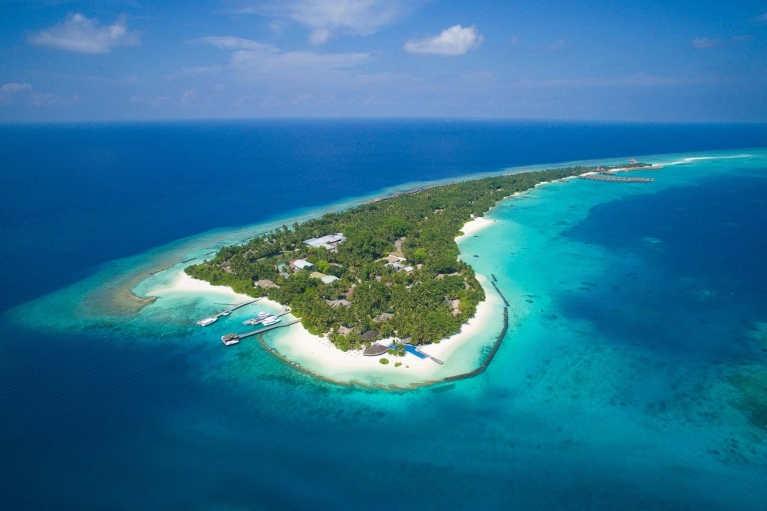 Aerial view of a resort island, illustrative